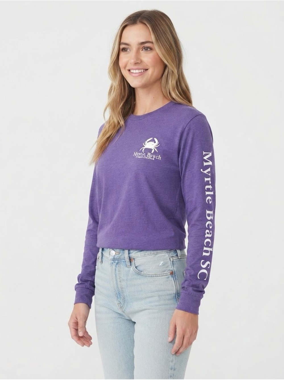 Myrtle Beach South Carolina Crab Purple Long-Sleeve Crew Neck Graphic Tee Size L